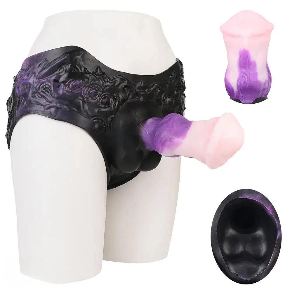 Purple and pink hollow strap-on dildo with black harness, photo 1