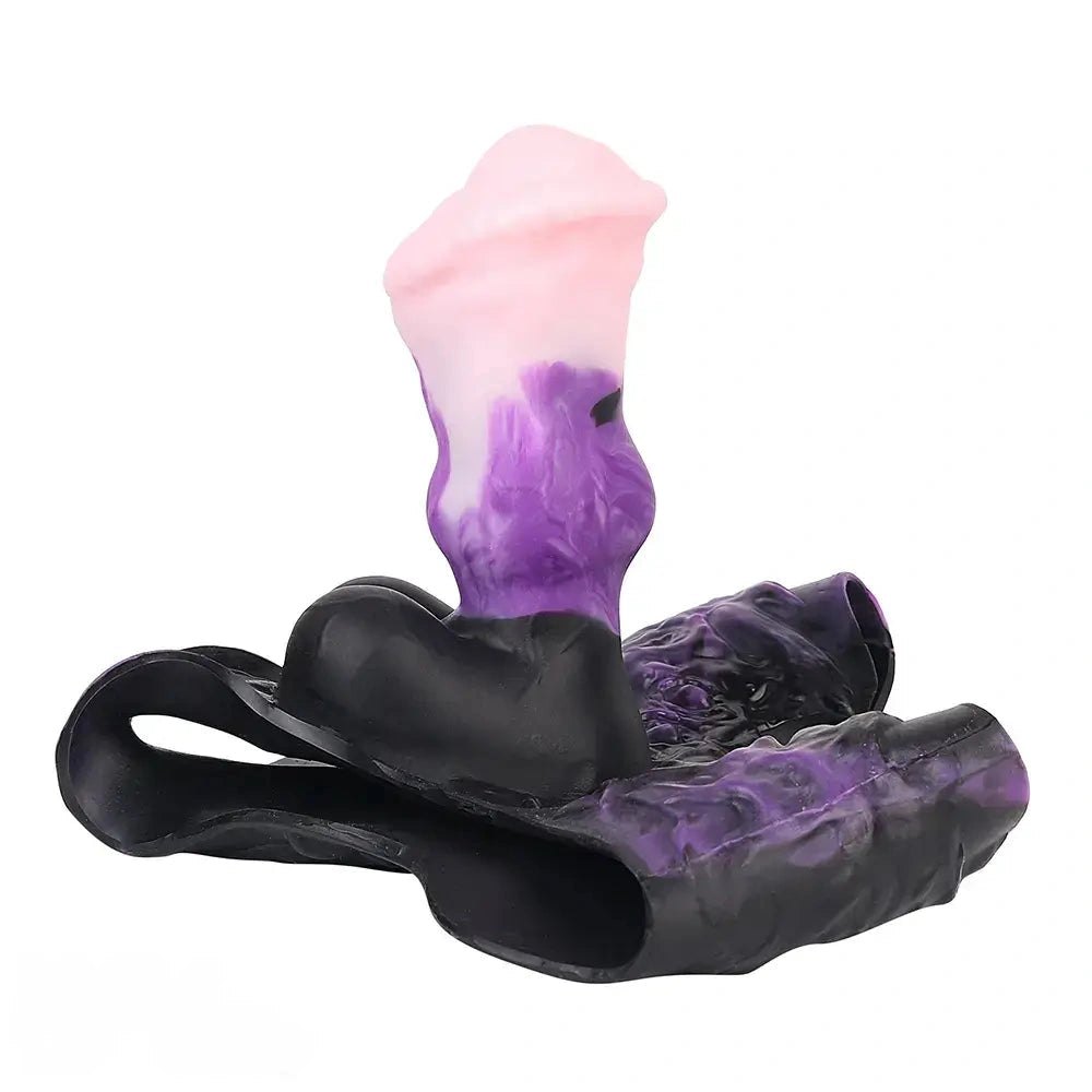 Purple and pink hollow strap-on dildo with black harness, photo 11