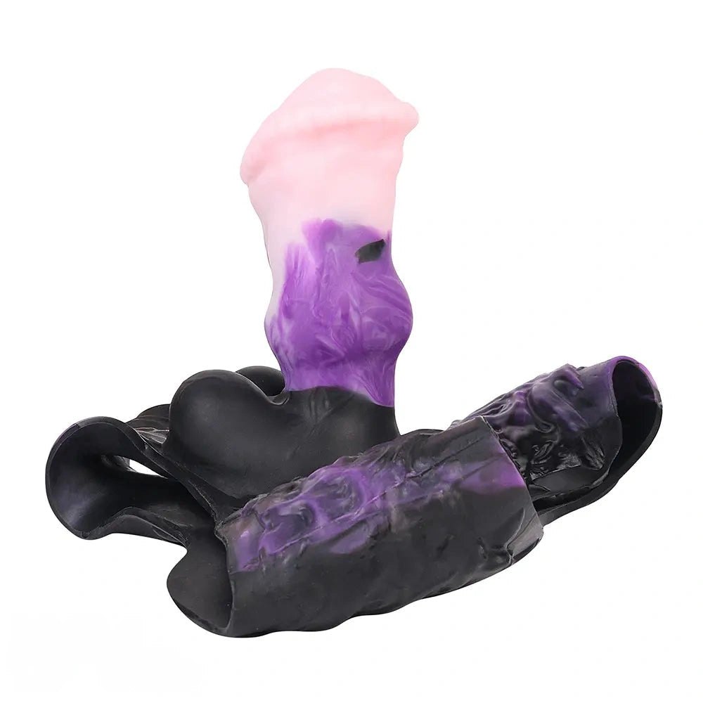 Purple and pink hollow strap-on dildo with black harness, photo 12