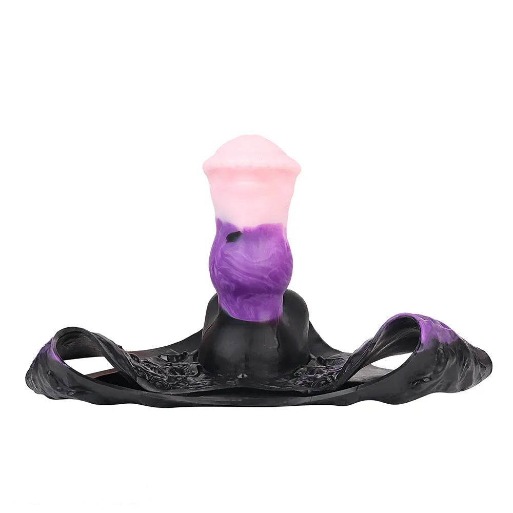 Purple and pink hollow strap-on dildo with black harness, photo 13