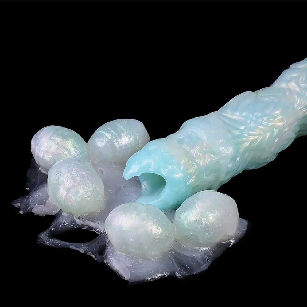 Teal pearlescent horned tentacle fantasy dildo, photo 3