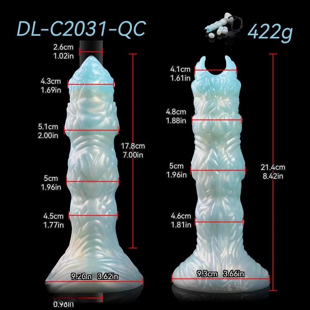 Teal pearlescent horned tentacle fantasy dildo, photo 6