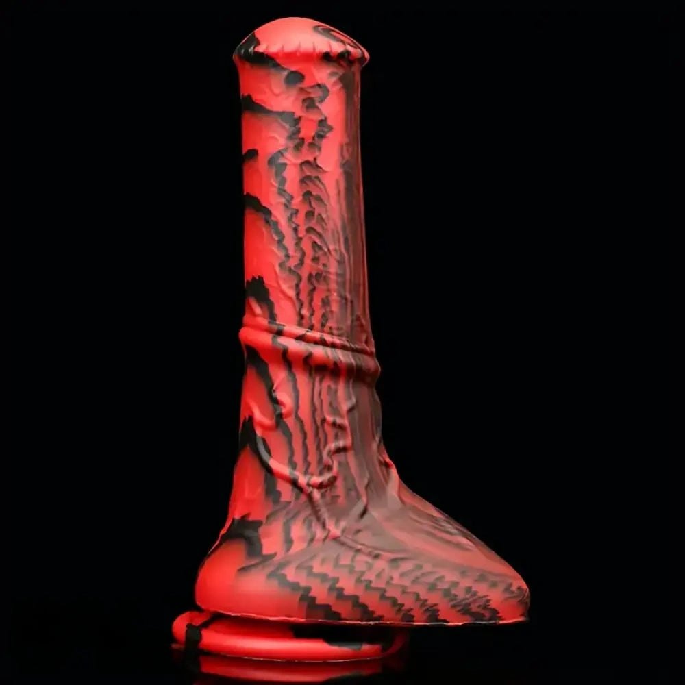 Red and black marbled silicone horse dildo, photo 1