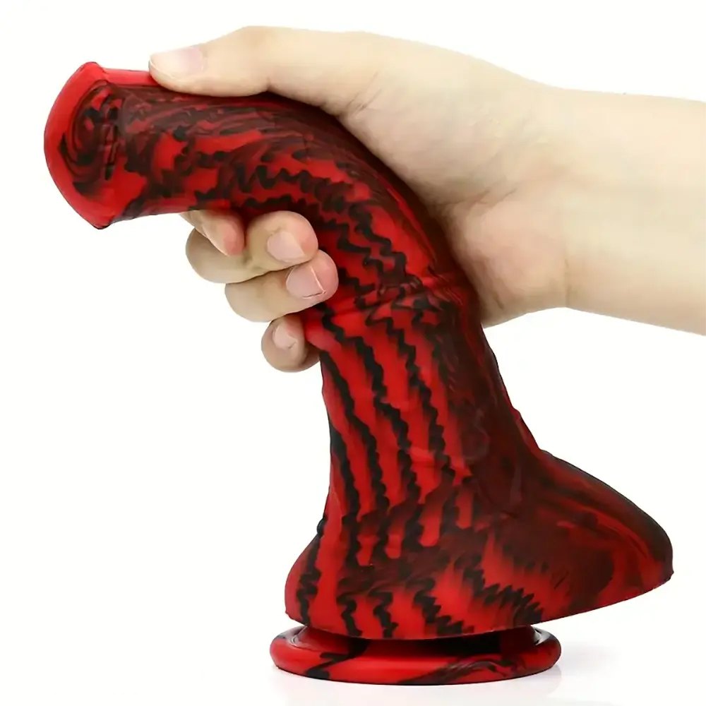 Red and black marbled silicone horse dildo, photo 2