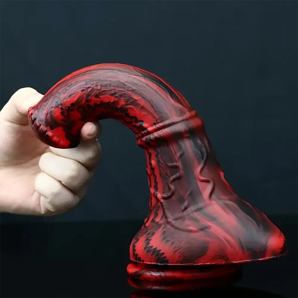 Red and black marbled silicone horse dildo, photo 3