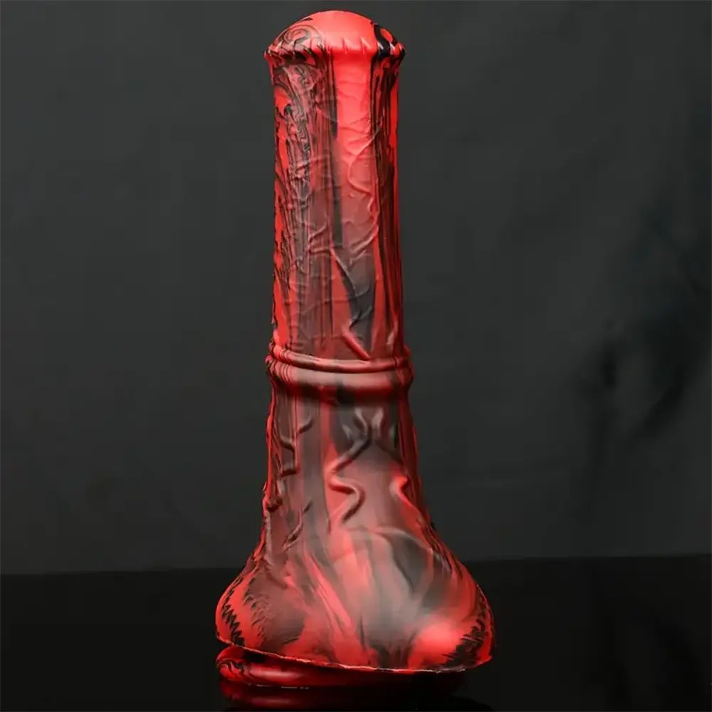 Red and black marbled silicone horse dildo, photo 5