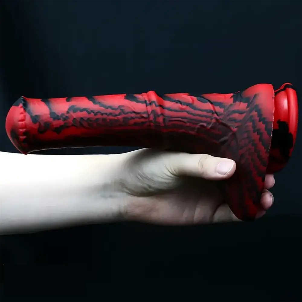 Red and black marbled silicone horse dildo, photo 6