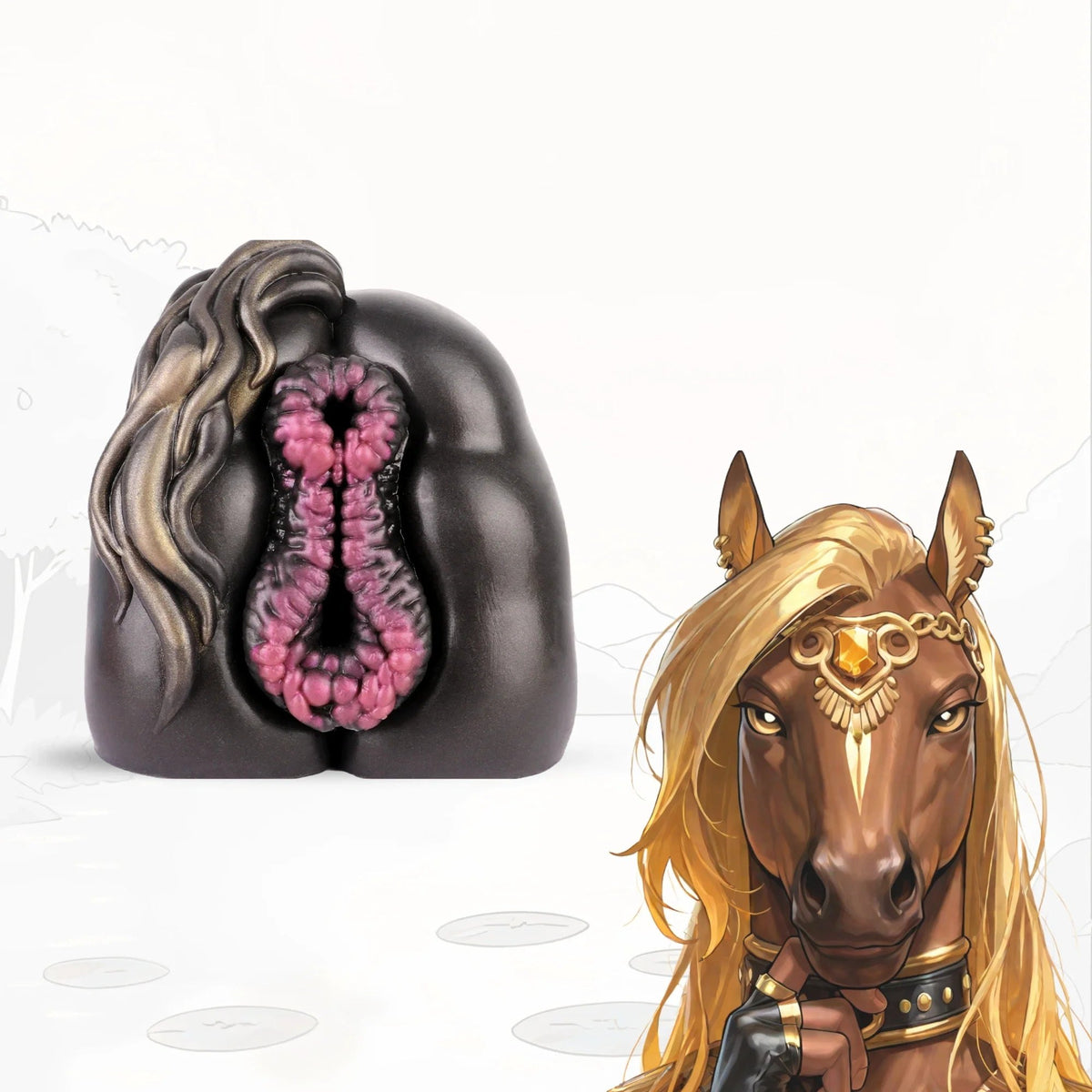 Ebony horse fantasy masturbator with golden mane and fuchsia ring, photo 1