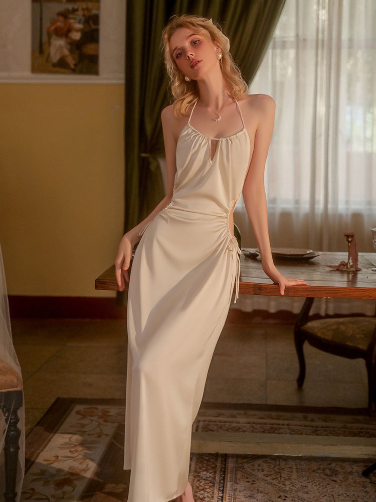 Champagne ice silk backless halter camisole nightgown