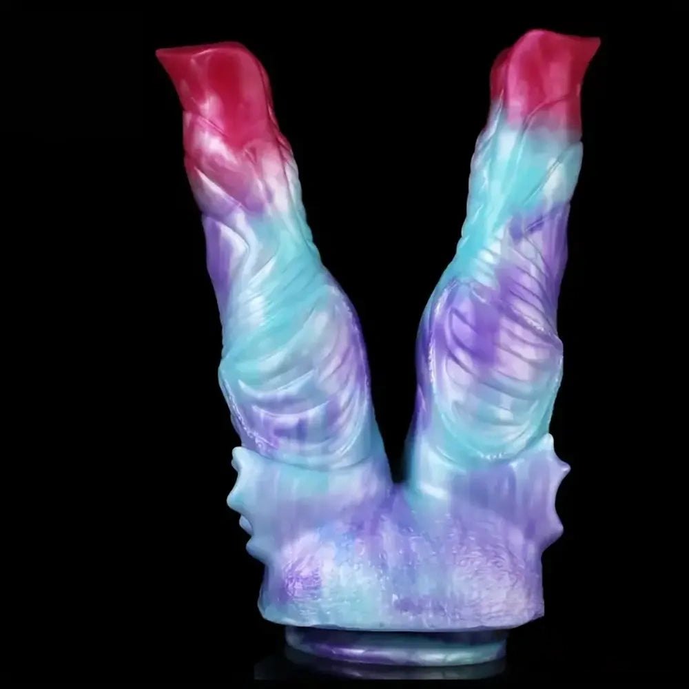 Purple and teal double-ended silicone dildo, photo 1