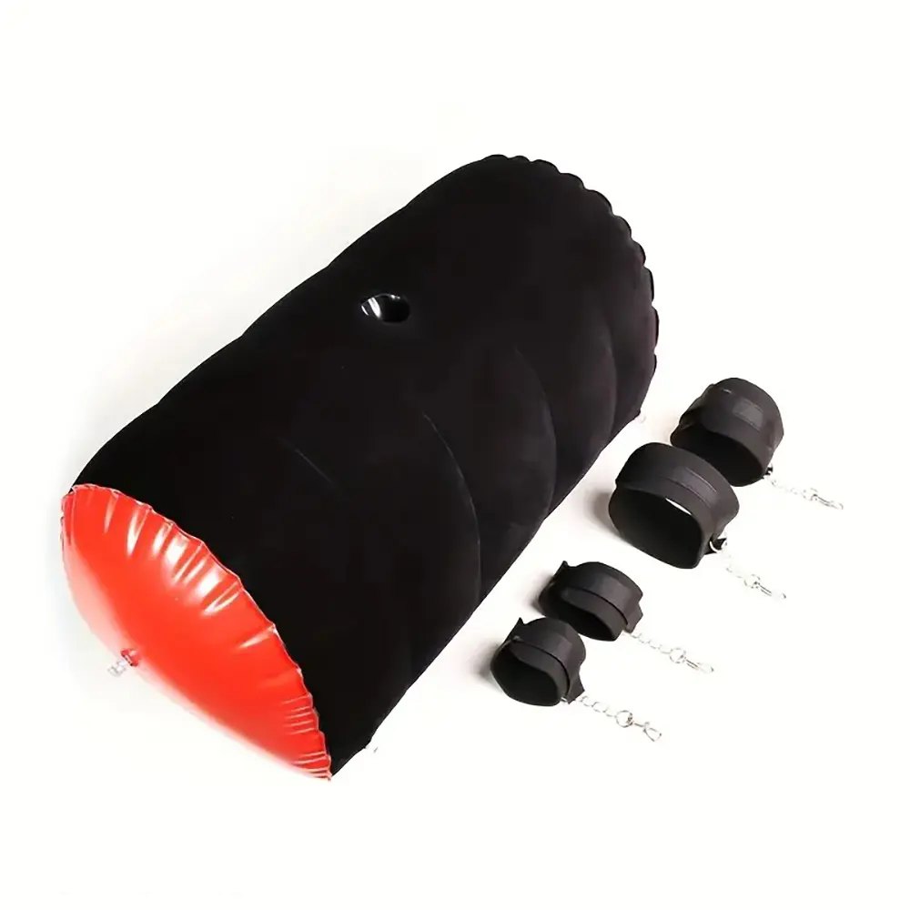 Black and red inflatable bondage position pillow with cuffs, photo 1