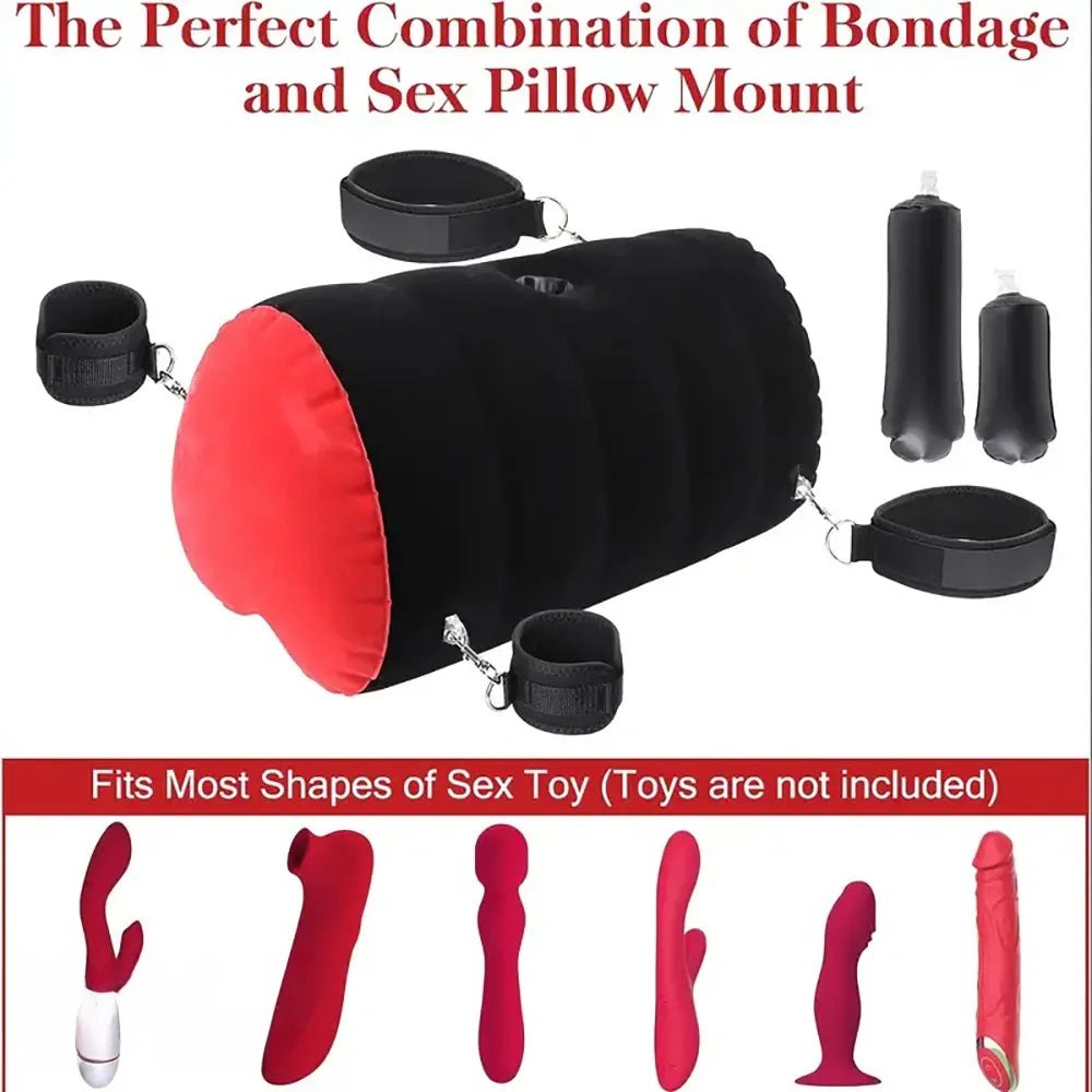 Black and red inflatable bondage position pillow with cuffs, photo 2