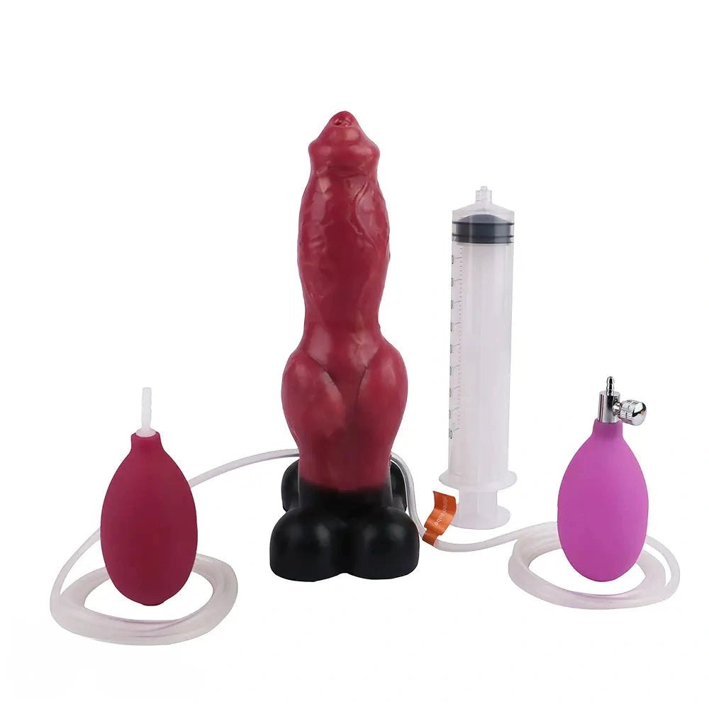 Red silicone animal dildo with inflatable knot base, photo 1