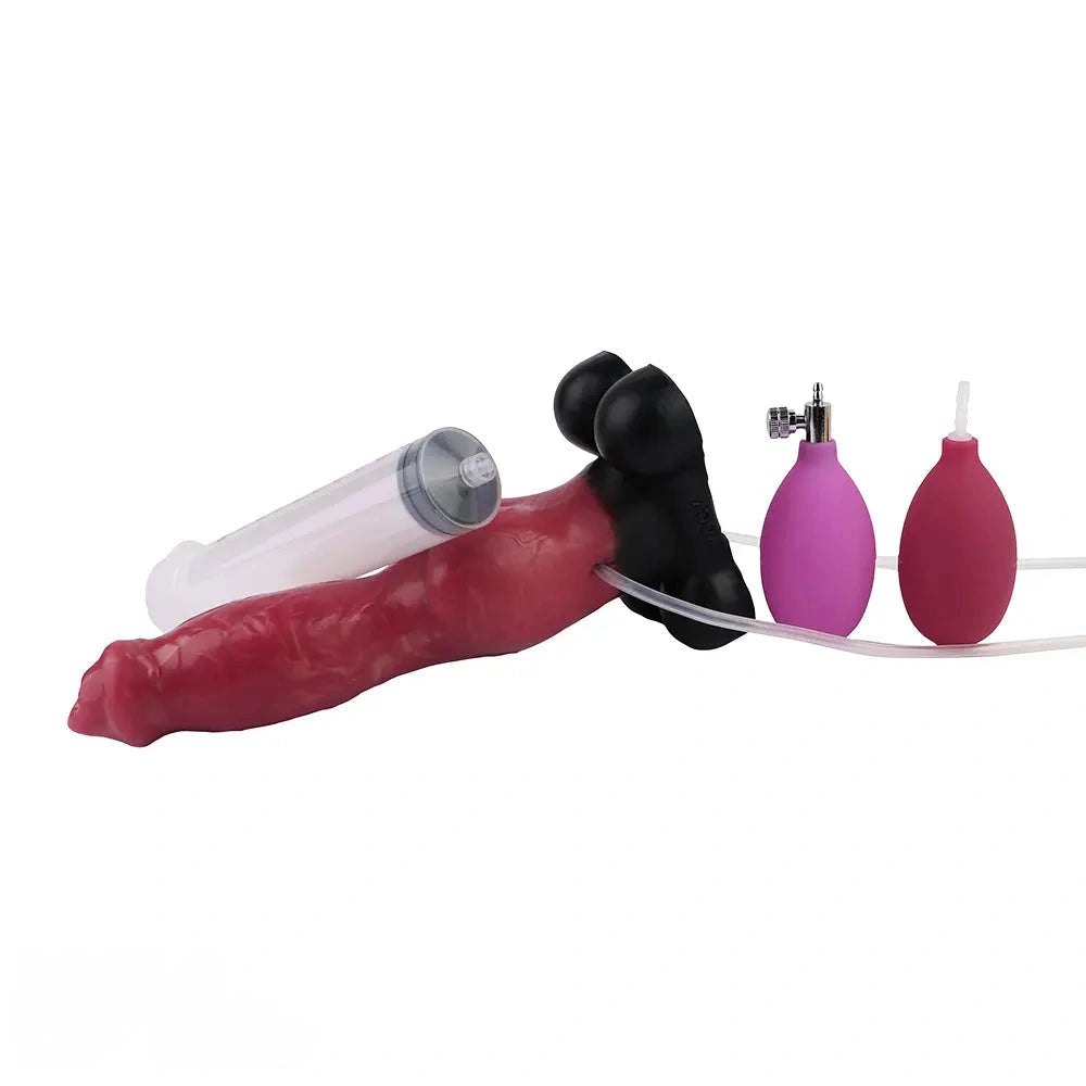 Red silicone animal dildo with inflatable knot base, photo 12