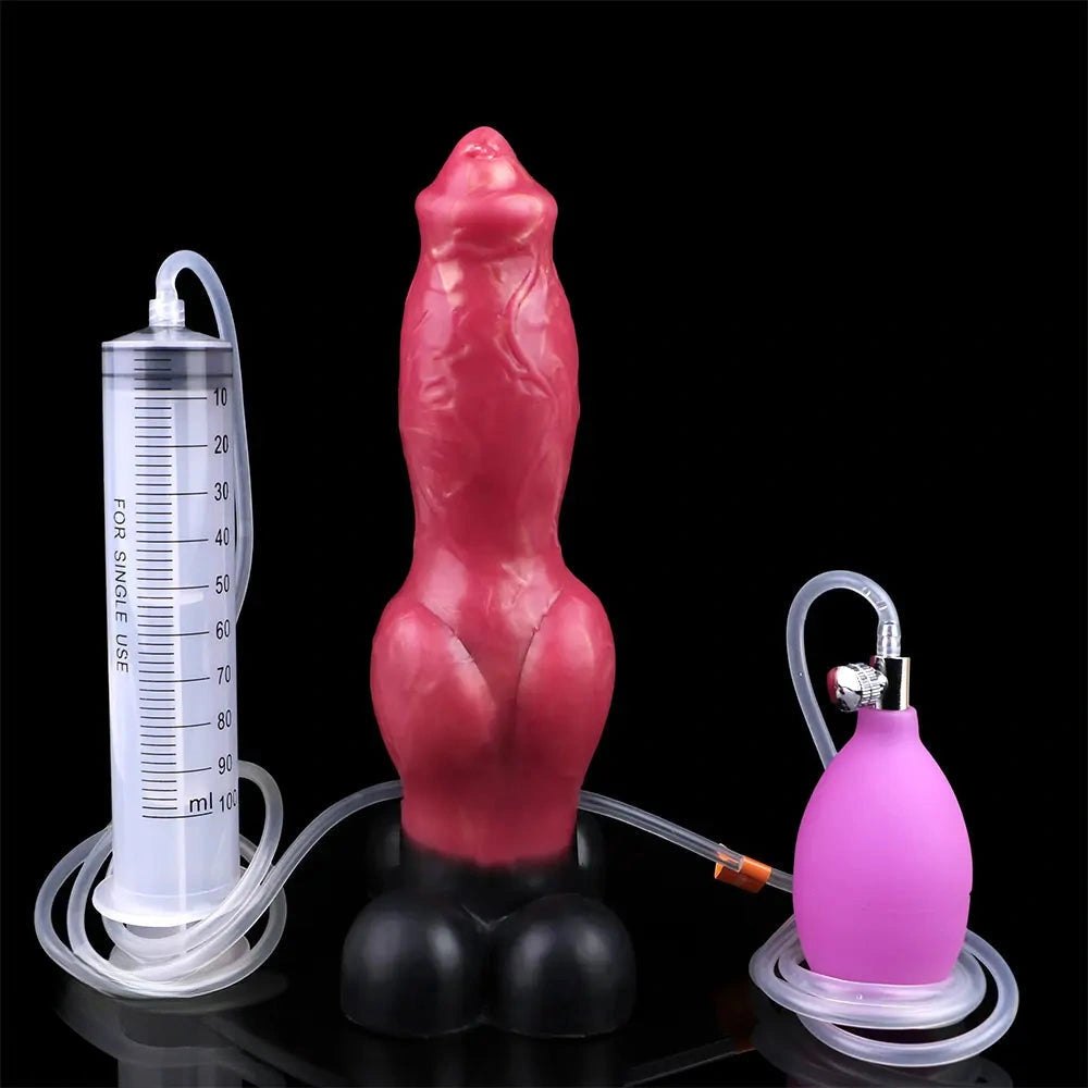 Red silicone animal dildo with inflatable knot base, photo 15