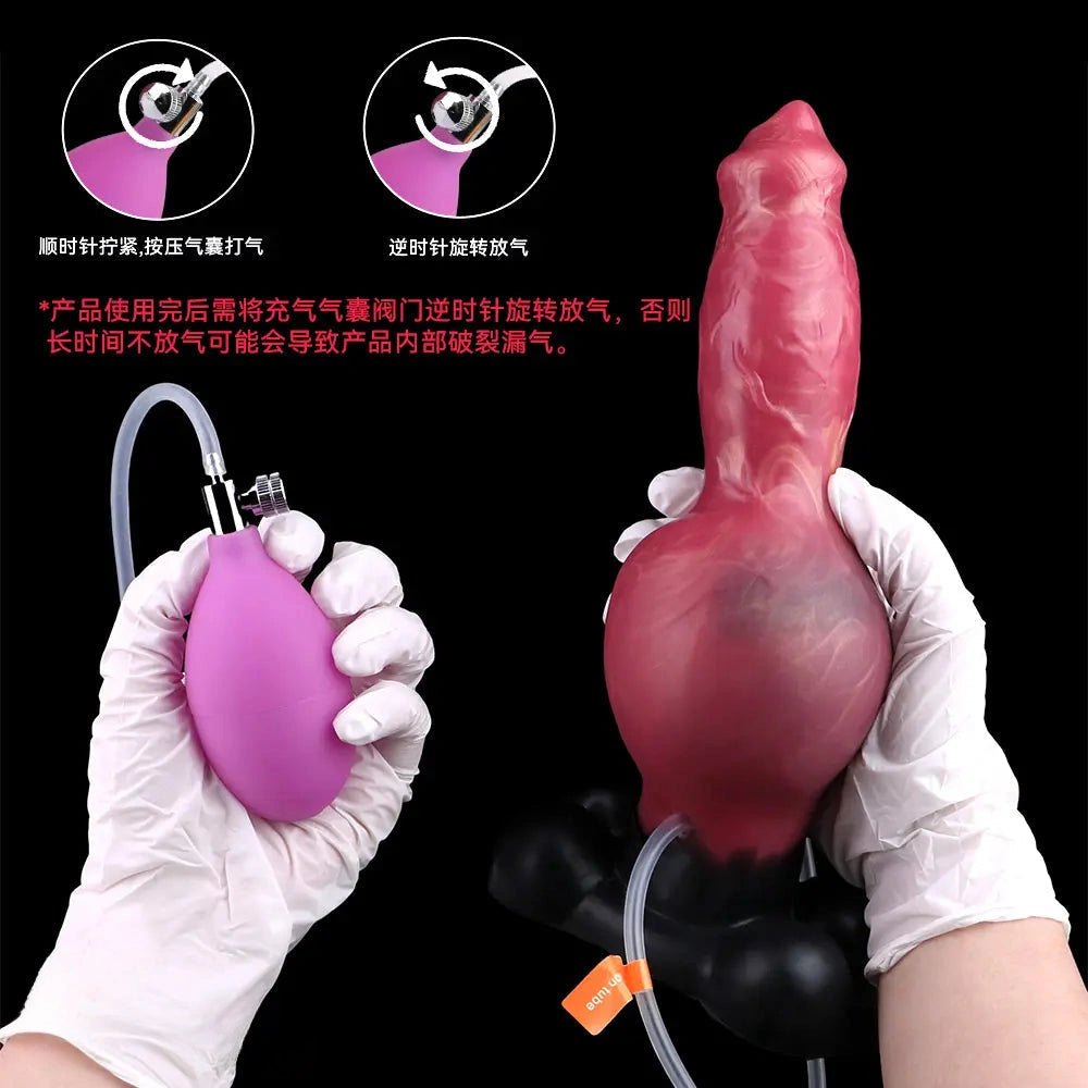 Red silicone animal dildo with inflatable knot base, photo 7