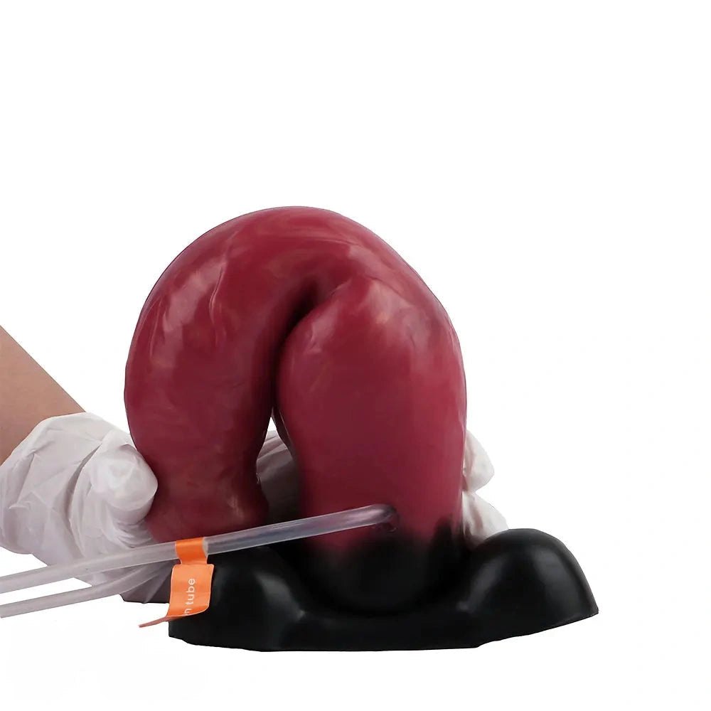 Red silicone animal dildo with inflatable knot base, photo 8