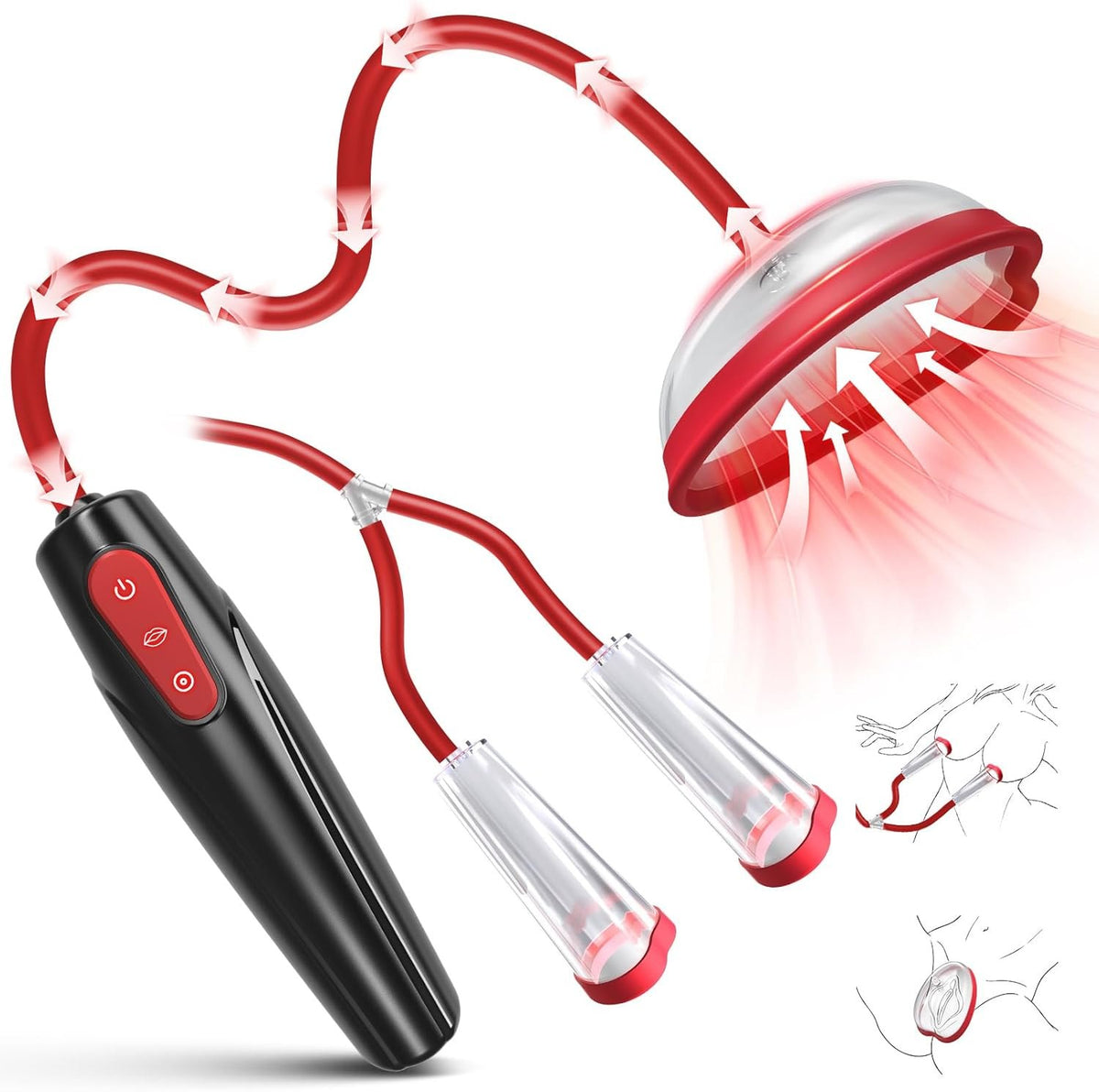 Red 3-in-1 suction pump with interchangeable cups, photo 1