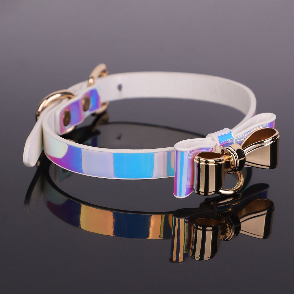 Iridescent gold bow PU collar and leash set, photo 2