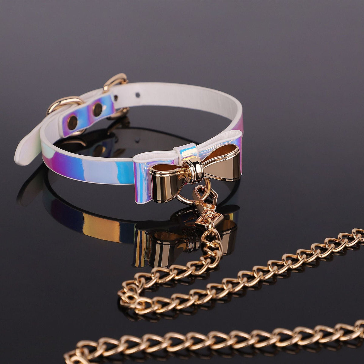 Iridescent gold bow PU collar and leash set, photo 3