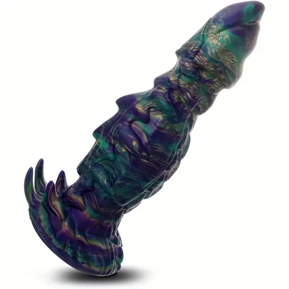 Iridescent green and purple silicone monster dildo with suction cup base, photo 1