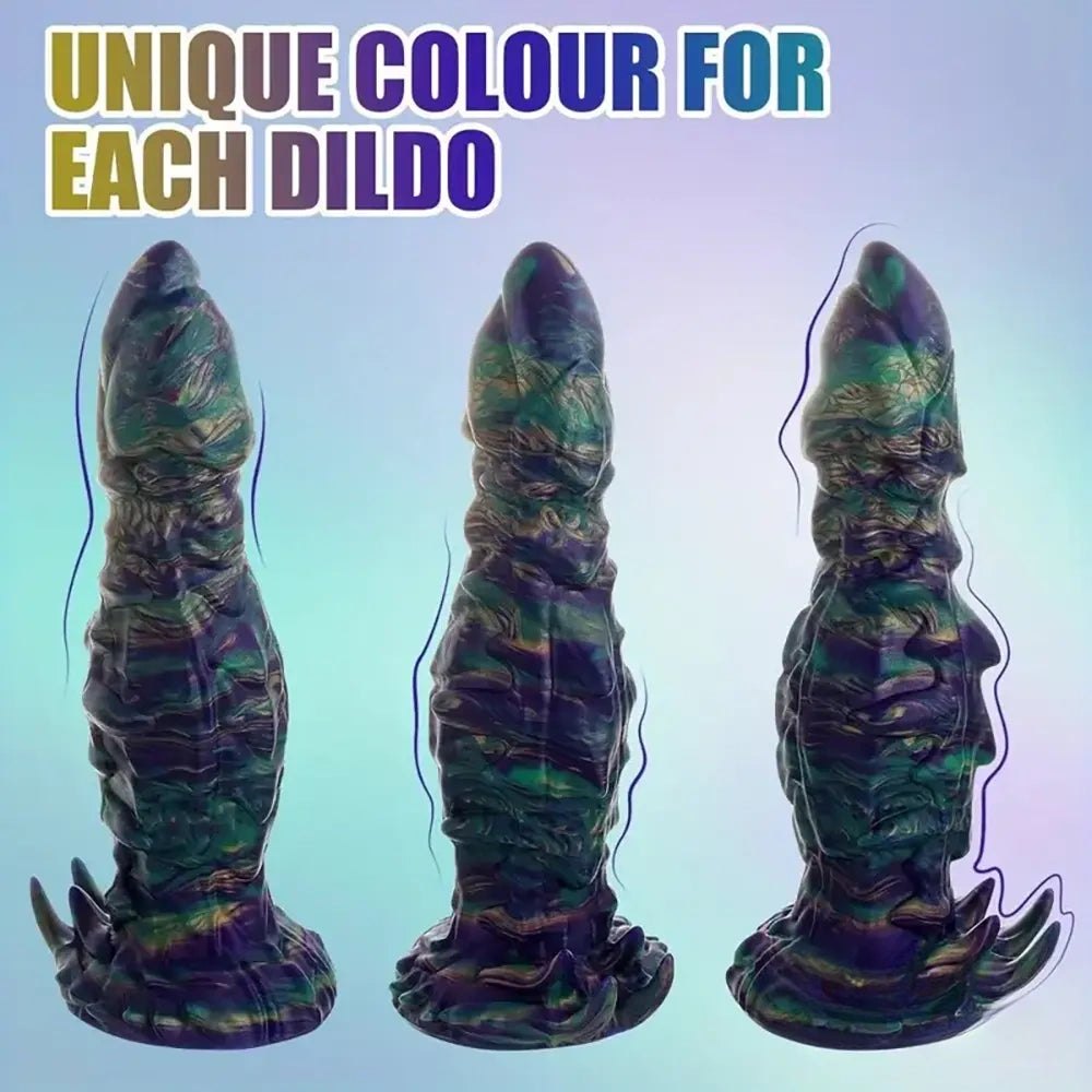 Iridescent green and purple silicone monster dildo with suction cup base, photo 2
