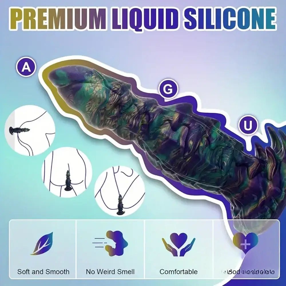 Iridescent green and purple silicone monster dildo with suction cup base, photo 3