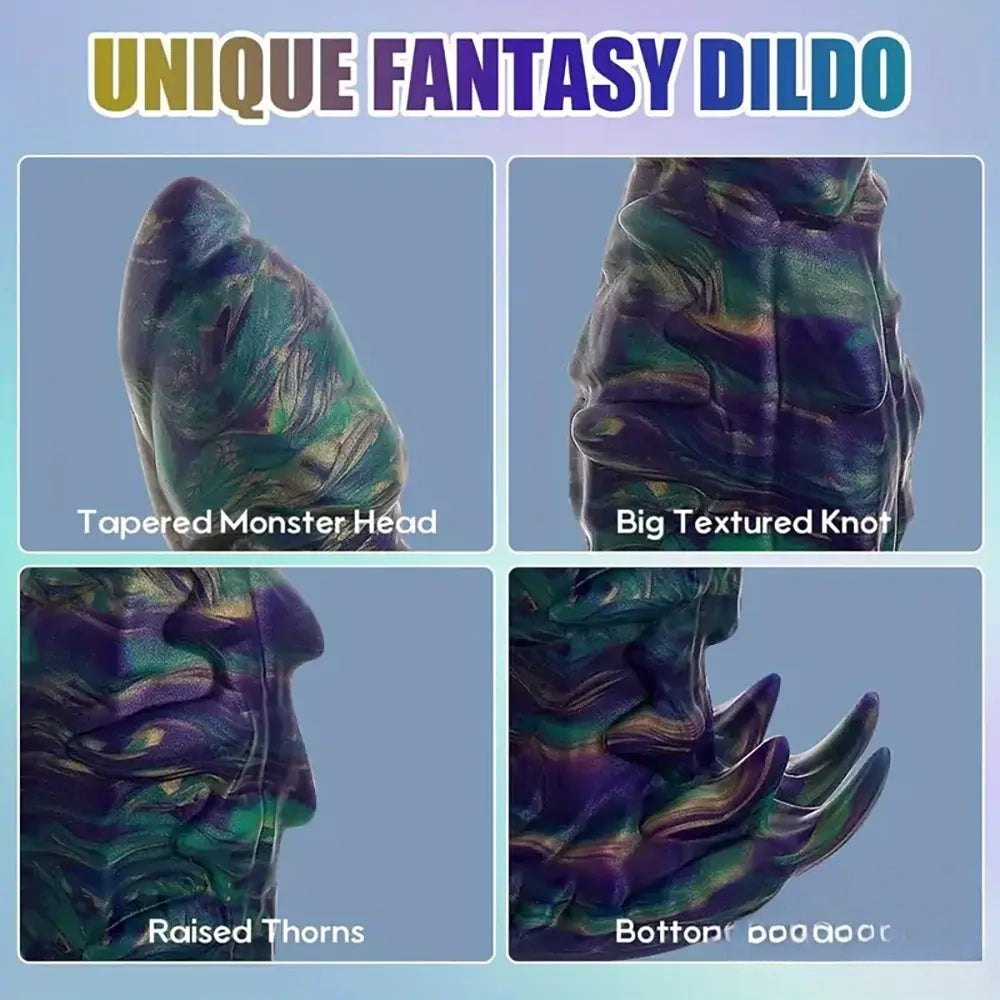 Iridescent green and purple silicone monster dildo with suction cup base, photo 4