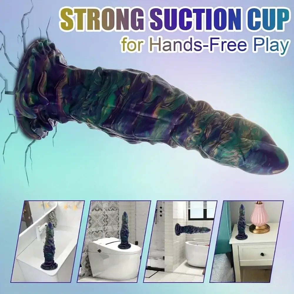 Iridescent green and purple silicone monster dildo with suction cup base, photo 5