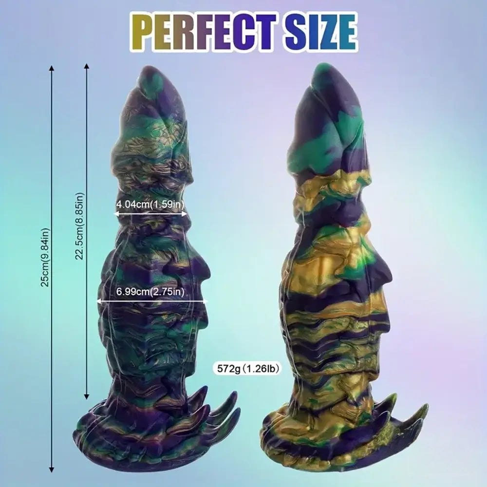 Iridescent green and purple silicone monster dildo with suction cup base, photo 6