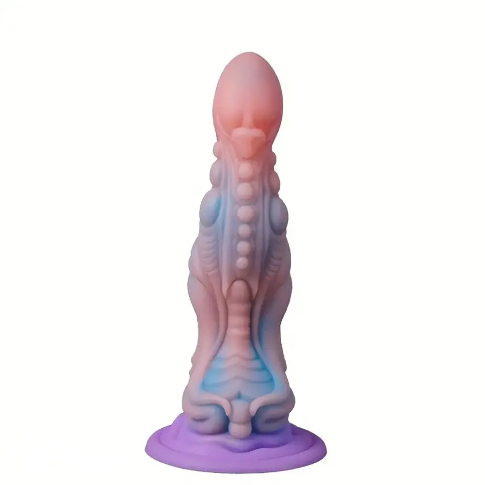 Iridescent purple and blue ridged fantasy dildo, photo 2