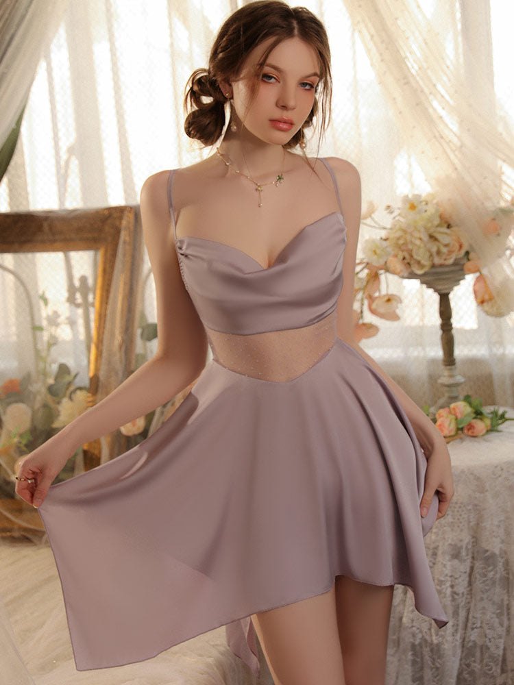 Purple irregular hem sheer nightgown robe set