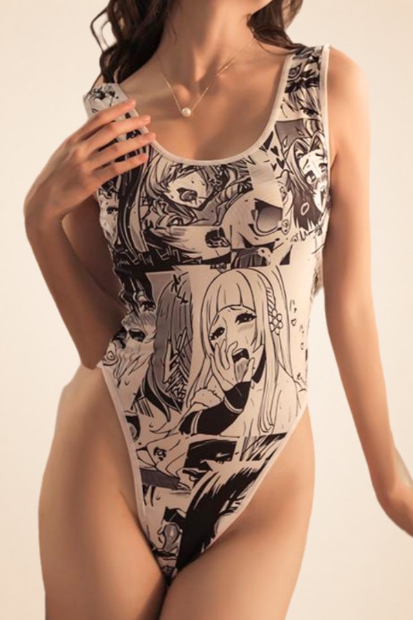 White japanese style anime print high cut swimsuit