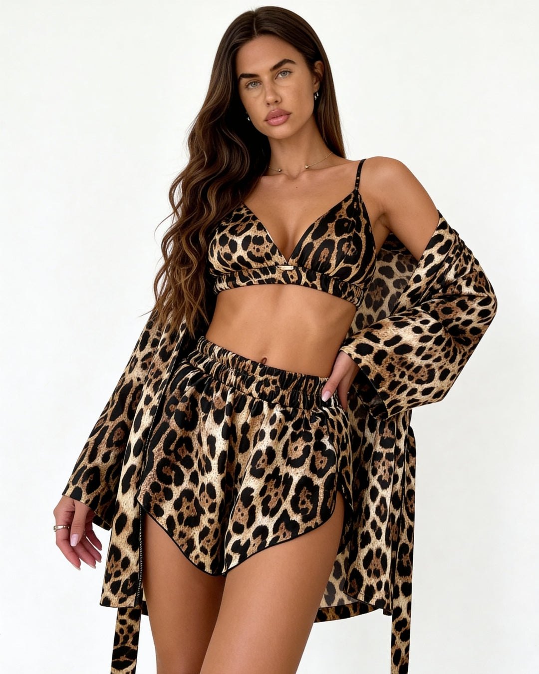 Leopard print satin pajama set with kimono, photo 3