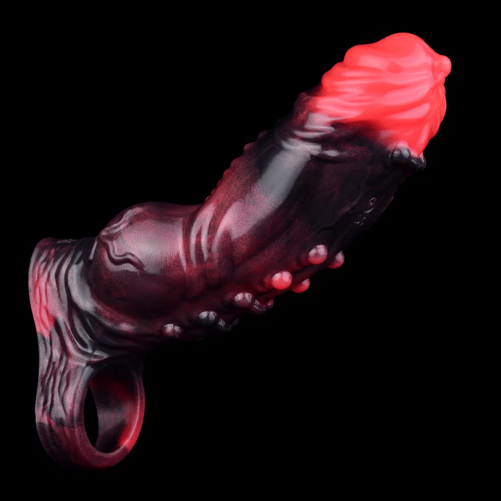 Red and black knotted silicone cock sleeve, photo 12