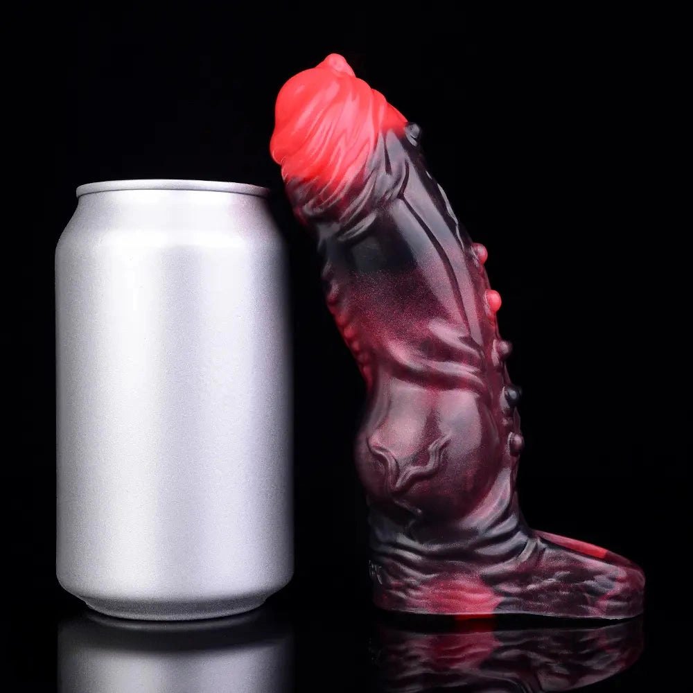 Red and black knotted silicone cock sleeve, photo 15