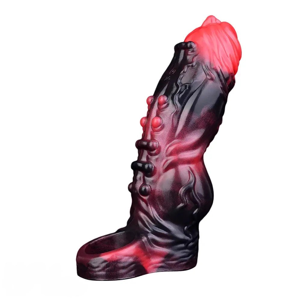 Red and black knotted silicone cock sleeve, photo 3