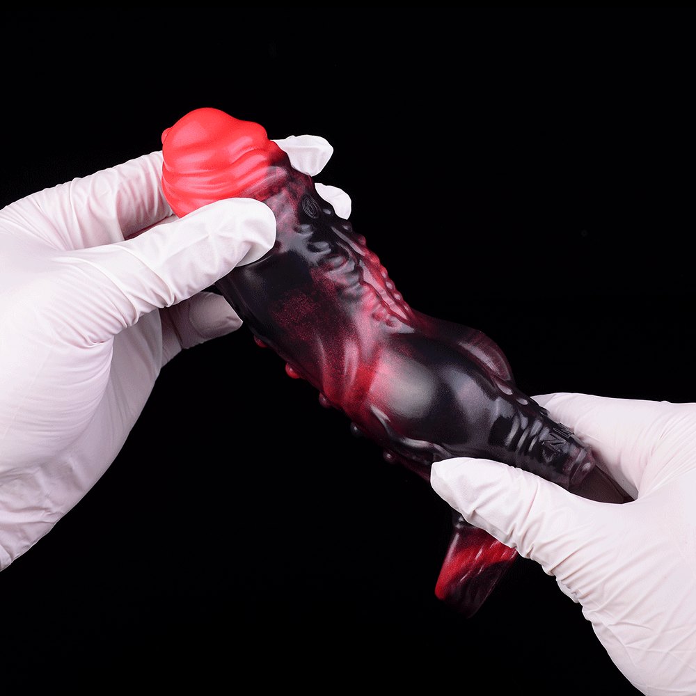 Red and black knotted silicone cock sleeve, photo 7