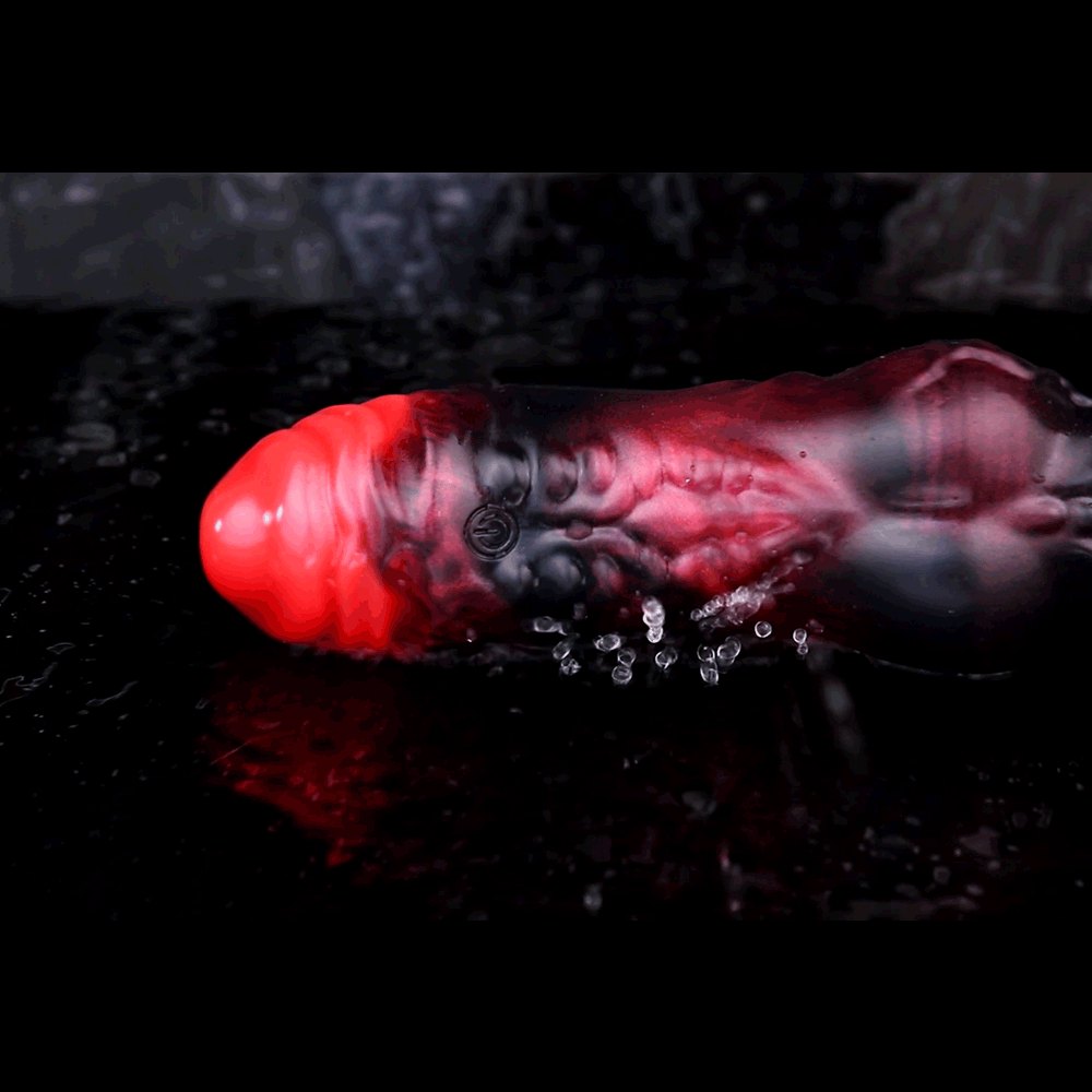 Red and black knotted silicone cock sleeve, photo 9