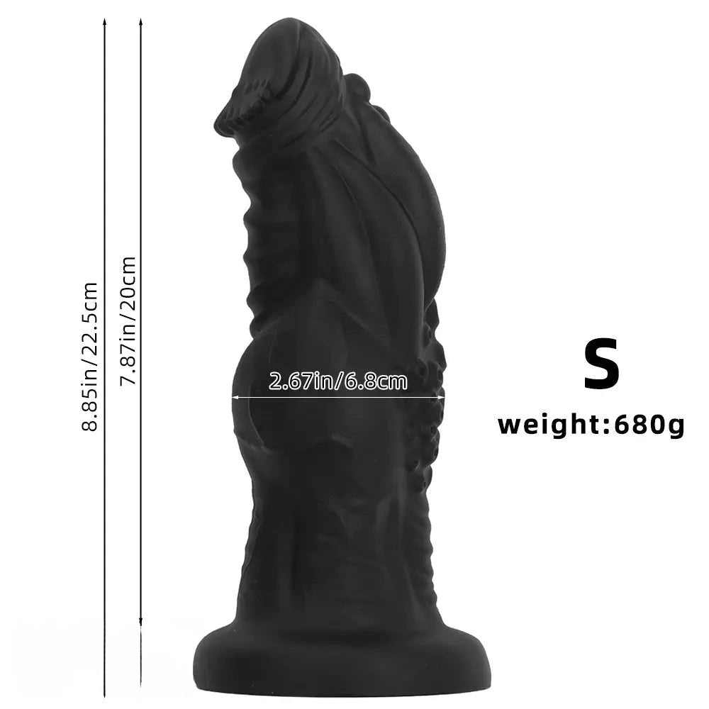 Black knotted silicone fantasy dildo with veined texture