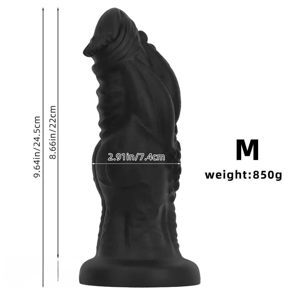 Black knotted silicone fantasy dildo with veined texture