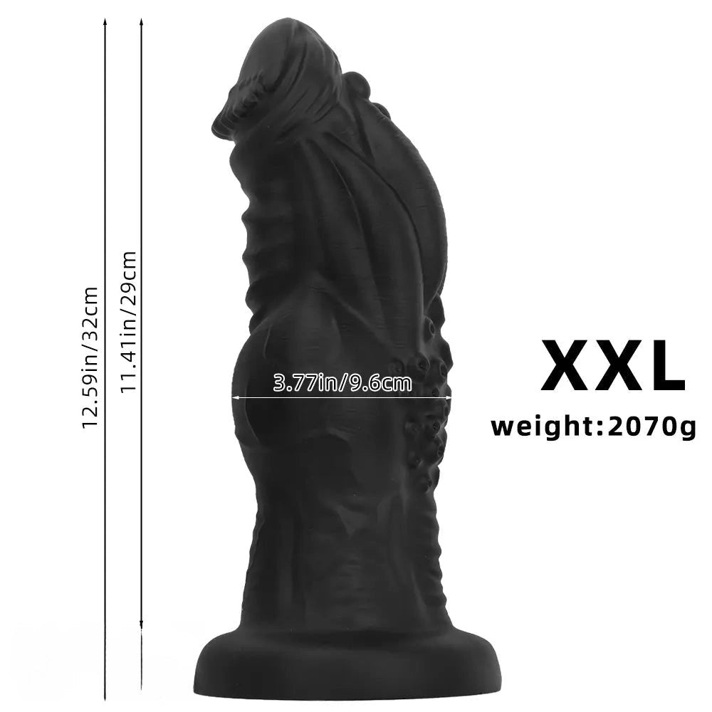 Black knotted silicone fantasy dildo with veined texture