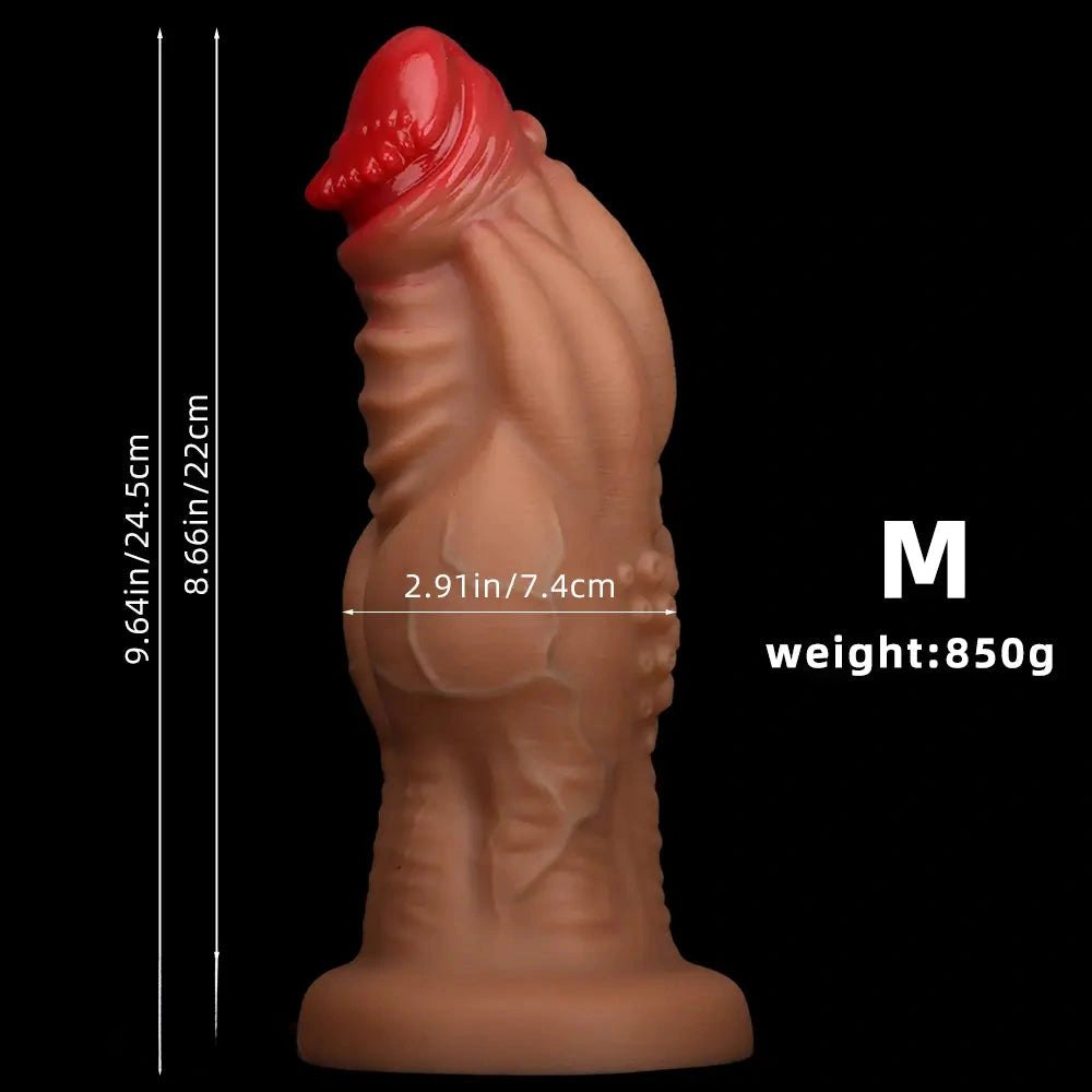 Brown knotted silicone fantasy dildo with veined texture