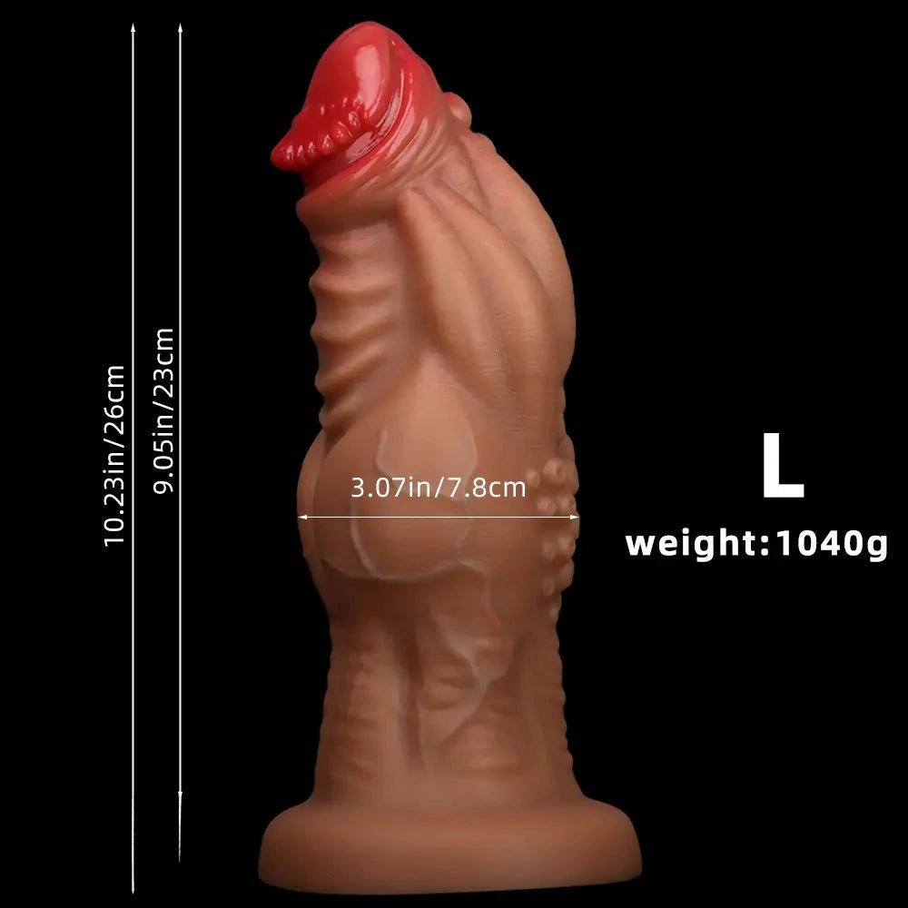 Brown knotted silicone fantasy dildo with veined texture