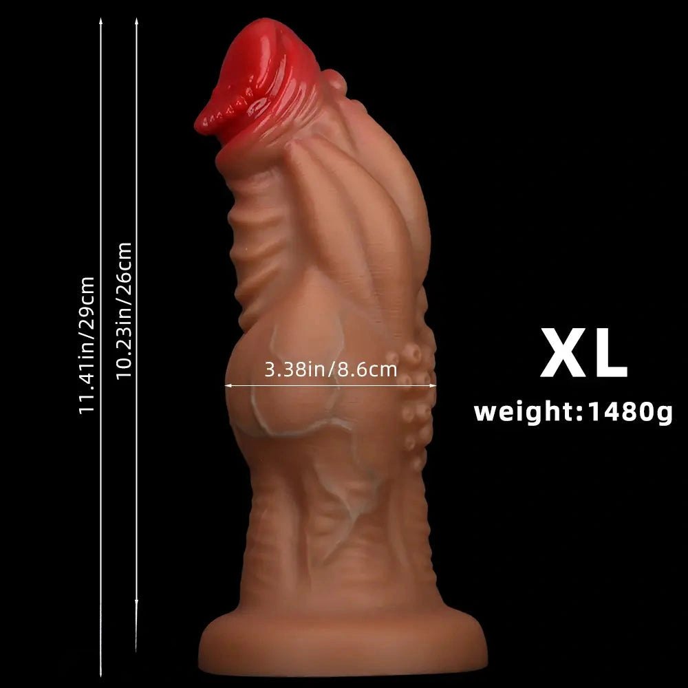 Brown knotted silicone fantasy dildo with veined texture