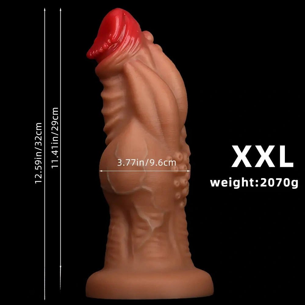 Brown knotted silicone fantasy dildo with veined texture