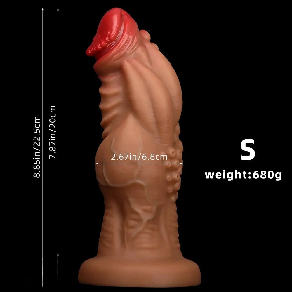 Brown knotted silicone fantasy dildo with veined texture