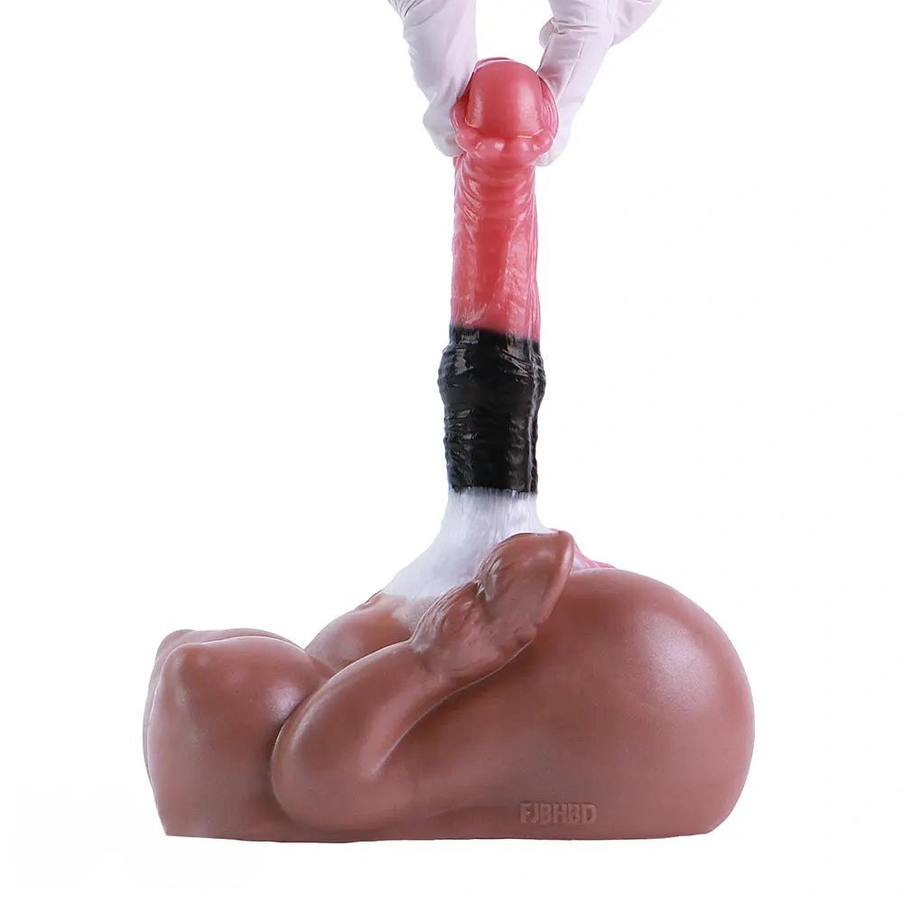 Mixed color silicone knotted horse dildo with animal base, photo 15