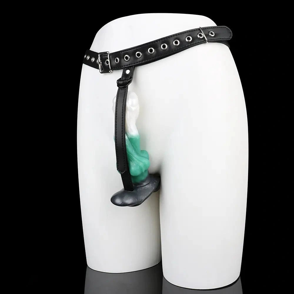 Green and black knotted strap-on dildo with harness, photo 20