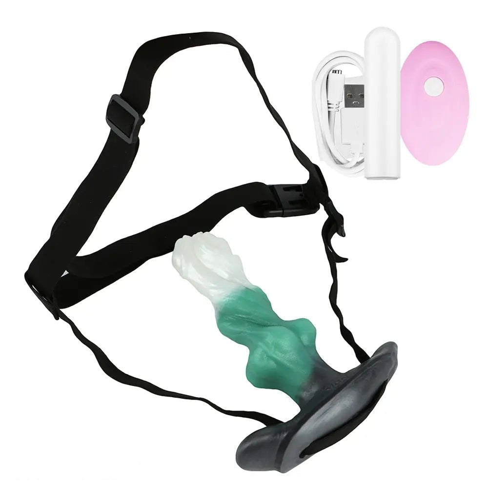 Green and black knotted strap-on dildo with harness, photo 3
